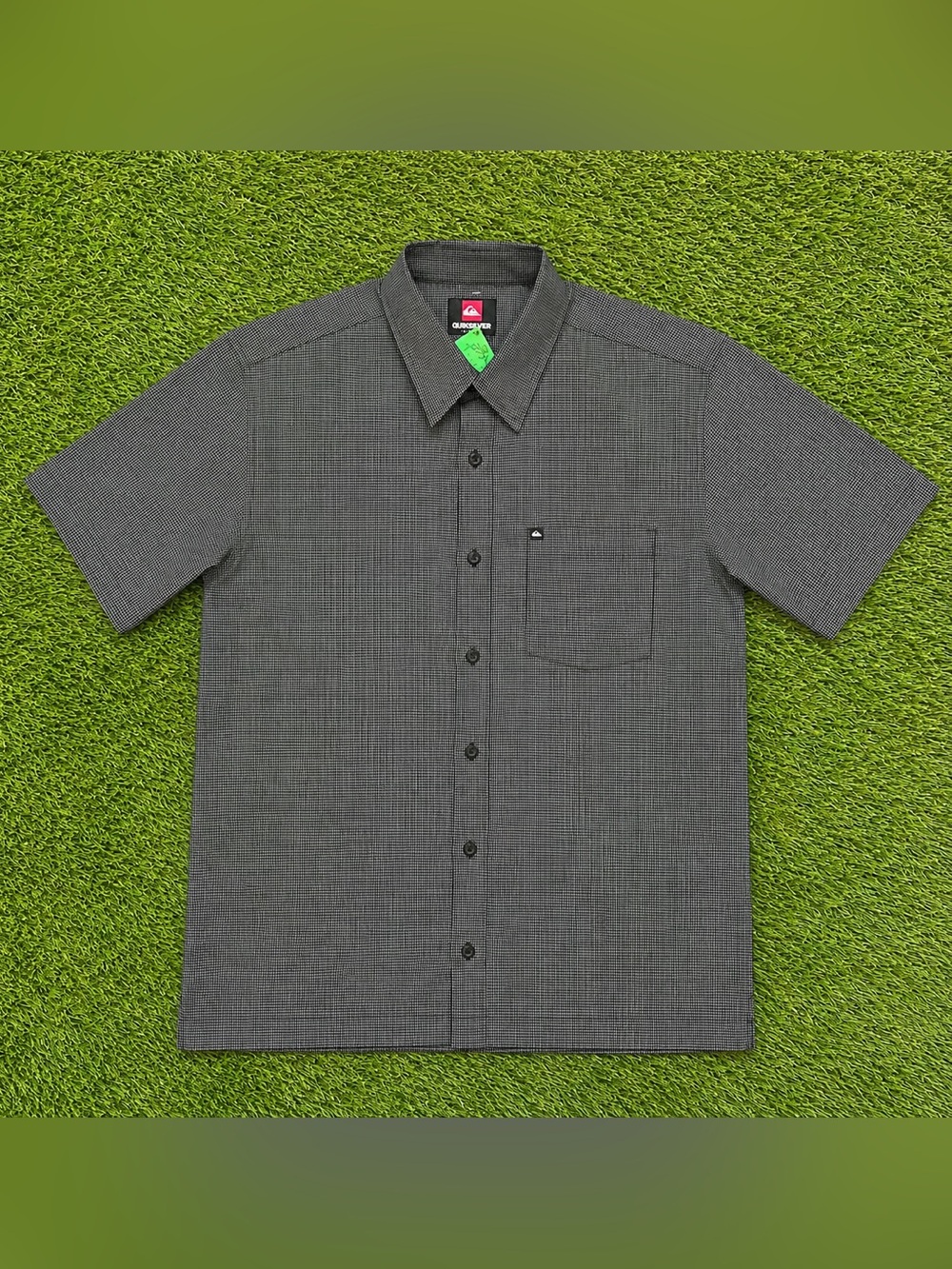 Quiksilver Black Micro Check Short Sleeve Button-Up Shirt Small